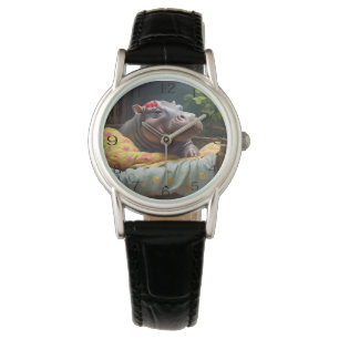 "God morgon Snuggles: Baby Hippo Wakes i Basket. Armbandsur