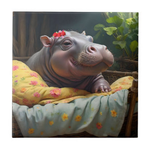 "God morgon Snuggles: Baby Hippo Wakes i Basket. Kakelplatta