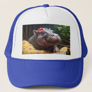 "God morgon Snuggles: Baby Hippo Wakes i Basket. Keps