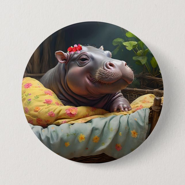 "God morgon Snuggles: Baby Hippo Wakes i Basket. Knapp (Framsida)