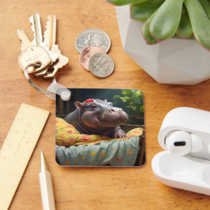 "God morgon Snuggles: Baby Hippo Wakes i Basket. Nyckelring