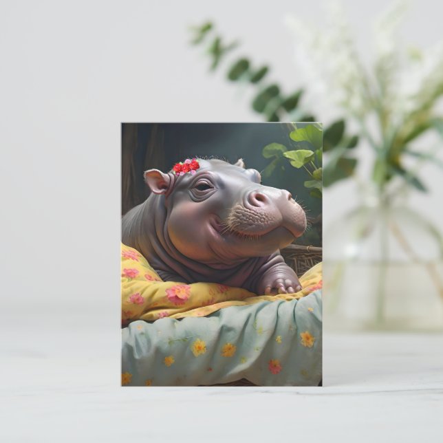 "God morgon Snuggles: Baby Hippo Wakes i Basket. Vykort (Stående Fram)