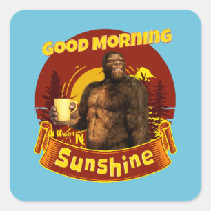 God Morgon Solsken Bigfoot Kaffe Humor Konst Fyrkantigt Klistermärke