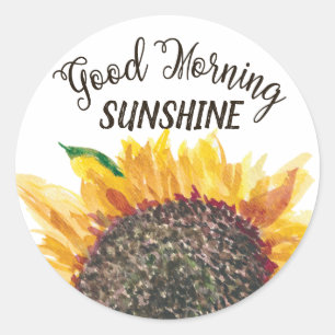 God Morgon Solsken Gul Brun Solros Vit Runt Klistermärke