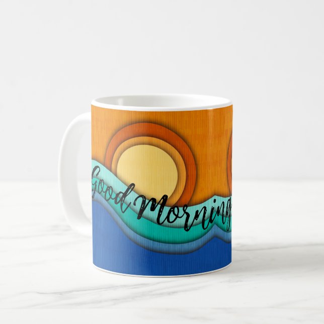 God Morgon Solsken Kaffe Mugg Ocean och Soluppgång (Framsida vänster)