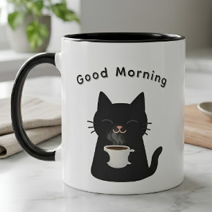"God Morgon" Svart Katt Kaffeälskare Tvåtons Mugg