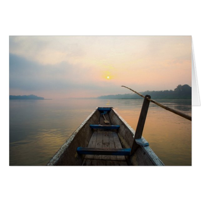 God morgon vid sjö med båten hälsningskort (Framsidan Horizontal)