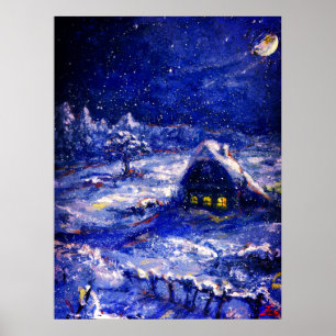 God natt. Måne Crescent. Vinter. Ryssland Poster