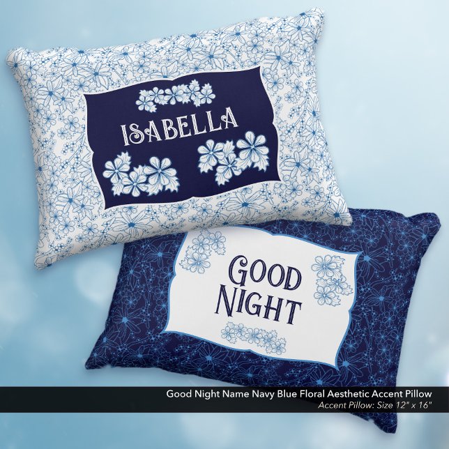 God Natt Namn Marinblå Blommig Estetik Prydnadskudde (Good Night Navy Blue Floral Aesthetic Accent Pillow–Personalized with Your name.)