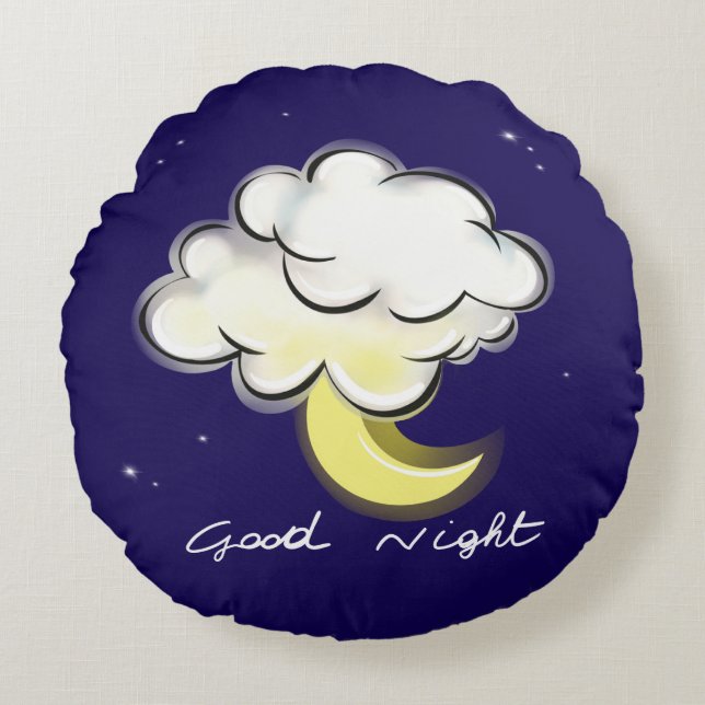 God natt – söta månen och moln barn  rund kudde (Framsidan)