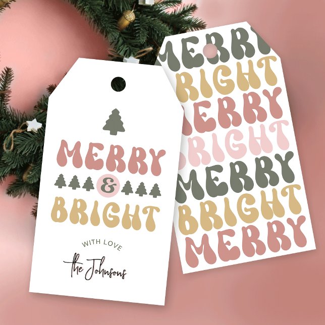God och Bright färgfull Retro Groovy-jul Presentetikett (Embrace the retro charm with this Merry & Bright Christmas Gift Tag with space for your name)