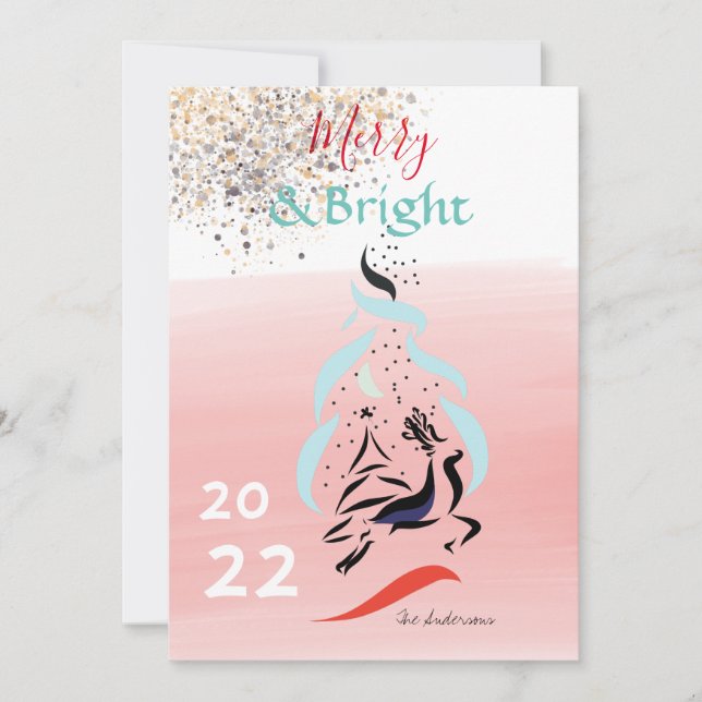God och Bright Reindeer och Träd jul Kort (Framsida)