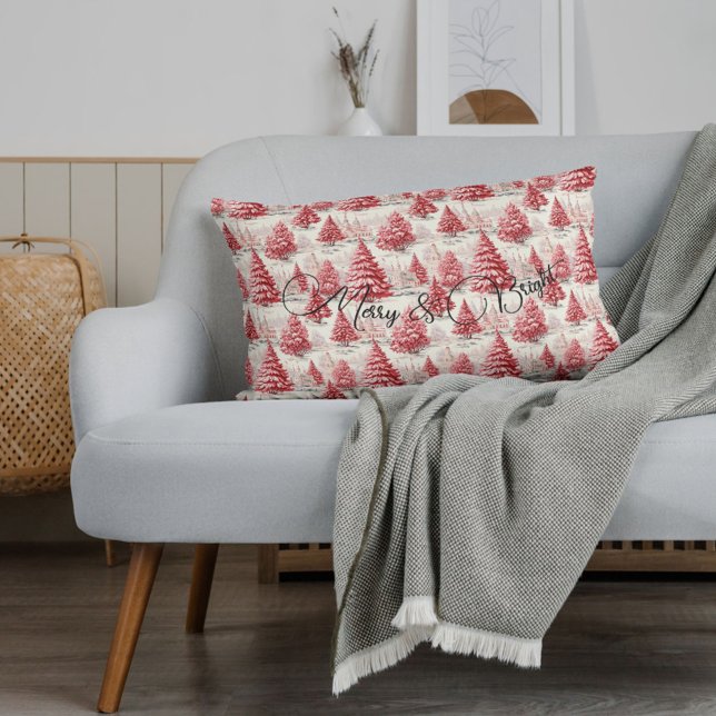 God och god helg Julens Rosa och Röd Lumbarkudde (Merry & Bright Pink and Red Winter Wonderland Christmas Trees Toile de Jouy pattern rectangle pillow)