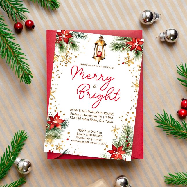 God och god julmiddag party lantern inbjudningar (Merry and bright Christmas dinner party editable template invitation digital download poinsettia )