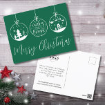 God och lätt Grönt - jularbete Helg Vykort<br><div class="desc">En perfekt julkort för företag att skicka ut. Har 3 prydnadsföremål, en med "Merry and Bright" i mitten. Lägg till din logotyp för att göra den till din egen. En roligt och ett enkelt vykort för företagsmärken, småföretag eller individer som konstnärer, estetiker, hårstilister och så mycket mer! Höger nu är...</div>