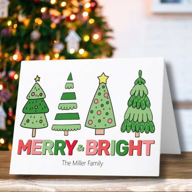 God och ljus jul i färg helgkort (Cute Bold Colorful Merry Bright Christmas Tree Holiday Card)