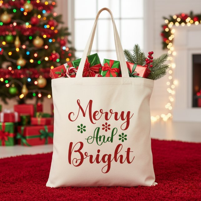 God och ljus Jul och Grönt Jul Tygkasse (Merry and Bright Red and Green Christmas Tote Bag)