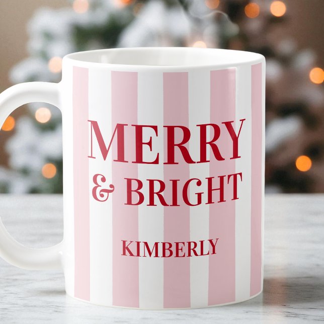 God och ljus Modern Rosa - Stripe jul Kaffemugg (Merry and Bright Modern Pink Striped Christmas Coffee Mug)