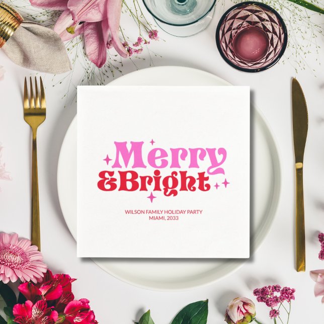 God och ljus Rosa och röd Anpassningsbar jul Pappersservett (Merry & Bright Pink & Red Custom Christmas Napkins)