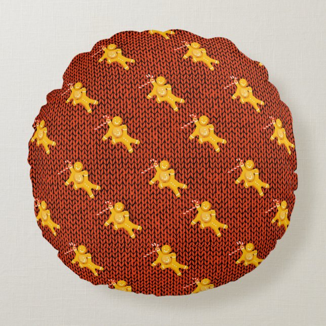 God Pepparkaksgubbe och Sticka Mönster-jul Rund Kudde (Framsidan)