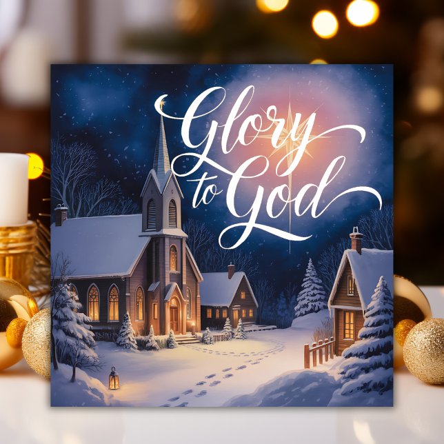 God Religiösa till Gud Church Scene Jul Julkort (Glory to God Christmas Card. Snowy Church Night Scene, Christian Religious Holiday Greeting)