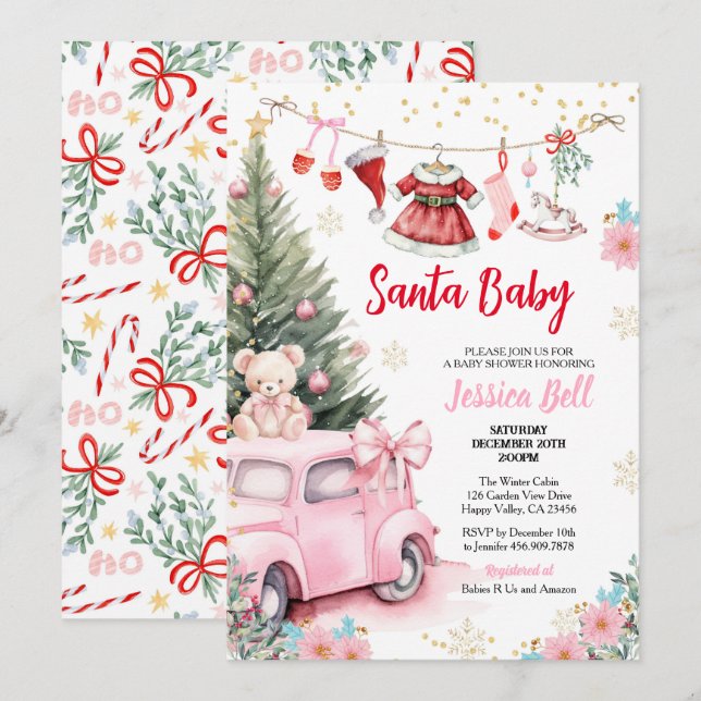 God Rosa Cute i jultomten Baby Shower Girl Red Inbjudningar (Fram/baksida)
