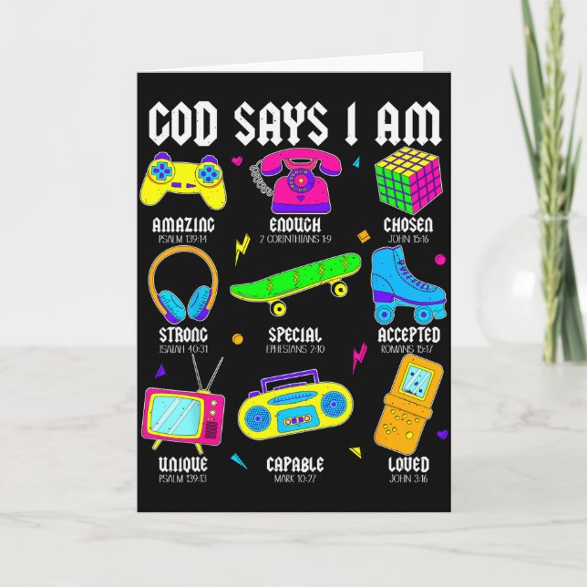 God Says I Am Christian Men Women Kids Retro 80's  Kort (Framsida)