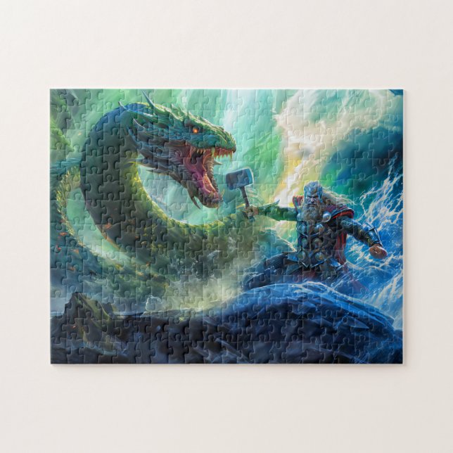 God Thor with Thorshammer fighting Midgards snake Pussel (Horisontell)