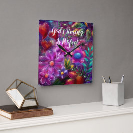 God Timing är Perfekt Blommigt Abstrakt Rosa Red Fyrkantig Klocka