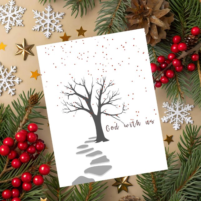 God With Us Christmas Greeting Card Helgkort (Christmas greeting card with black typography God is with us and a dry tree on white background.)