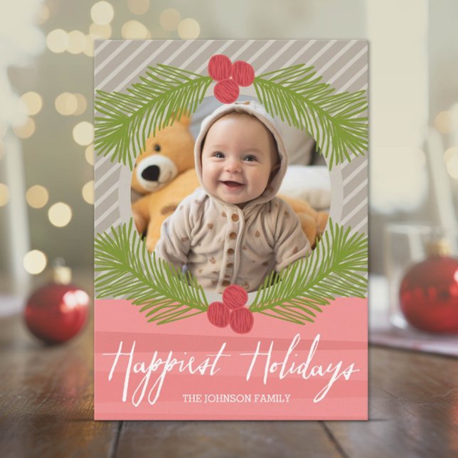 Godaste högtider Nyckfulla grenar med 1 foto Julkort (Add 1 photo to this Whimsical Holiday Christmas Card - holly berry border)