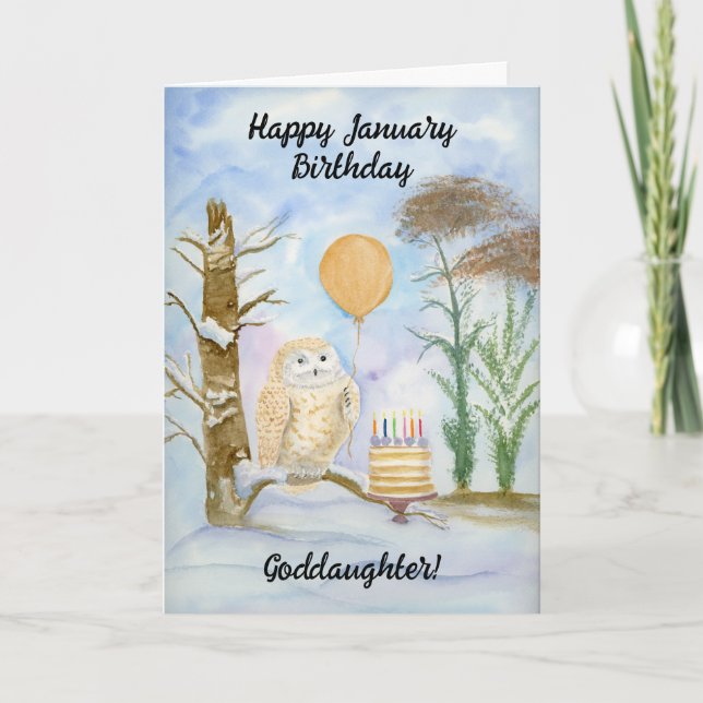 Goddaughter Happy January Birthday Owl Cake Kort (Framsida)