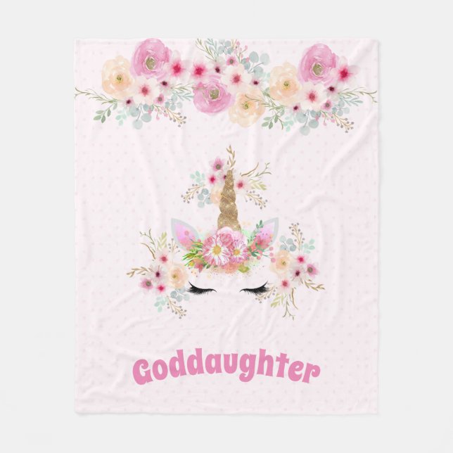 GODDAUGHTER Rosa Guld Glitter Flowers Unicorn Ansi Fleecefilt (Framsidan)