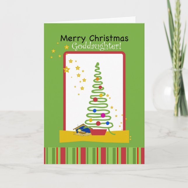 Goddaughtergod jul, träd och Creche Helgkort (Framsida)