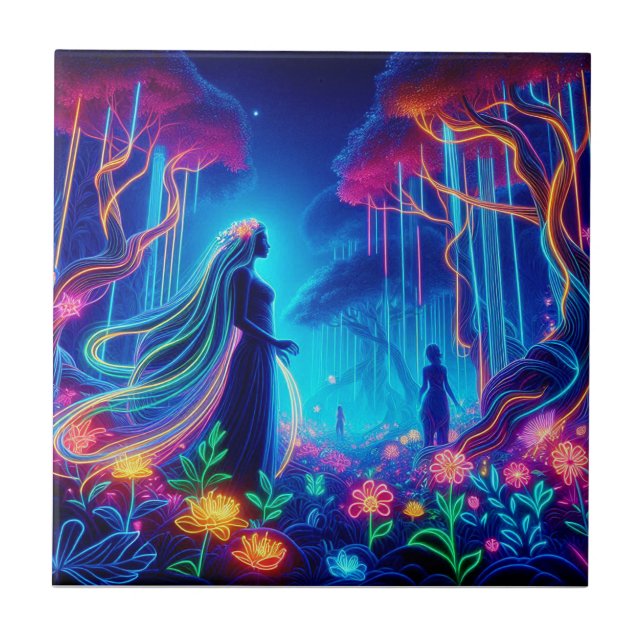 Goddes Neon Forest of Light Fantasy sagate art Kakelplatta (Framsidan)