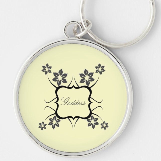 Goddess Blommigt Premium Keychain, Mörk Grått Rund Silverfärgad Nyckelring (Framsidan)
