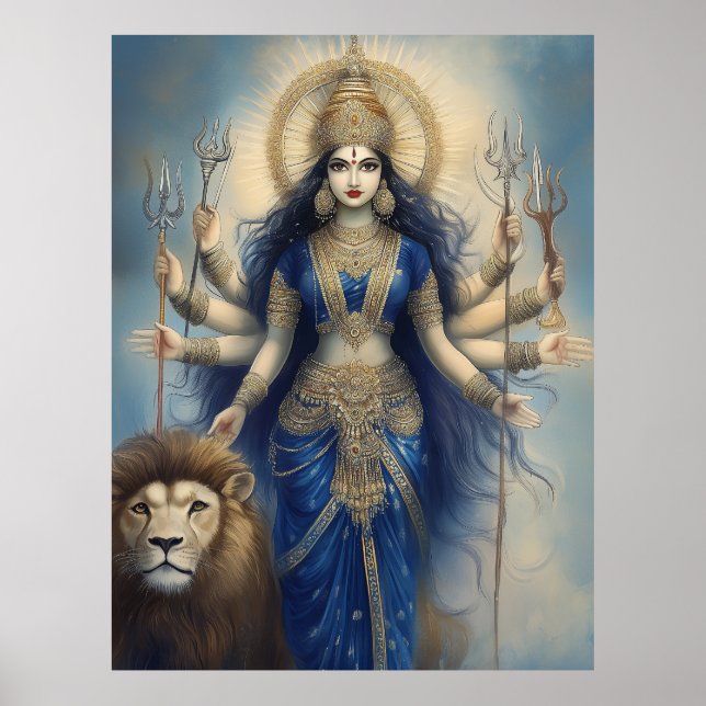 Goddess Durga med Lejona posten Divine Hindu Portr Poster (Framsidan)
