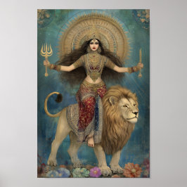 Goddess Durga rider Lejon turkos Guld Art Poster