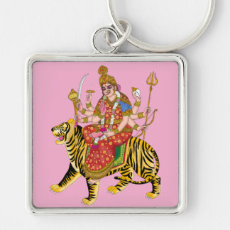 Goddess Durga Square Keychain Fyrkantig Silverfärgad Nyckelring