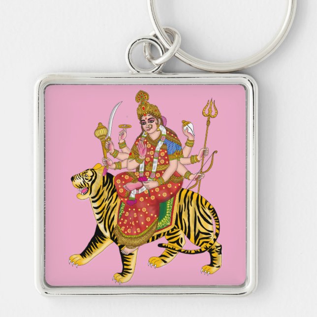 Goddess Durga Square Keychain Fyrkantig Silverfärgad Nyckelring (Framsidan)