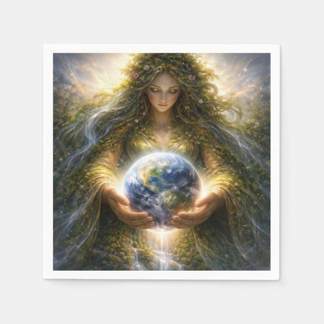Goddess Gaia Gently Holding Planet Earth Pappersservett (Framsidan)