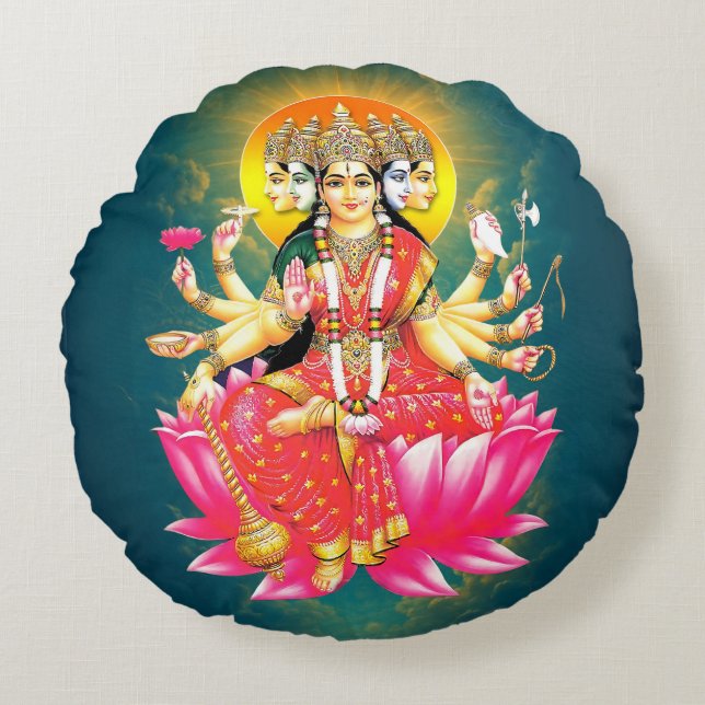 Goddess Gayatri Devi Hindu Gudom Rund Kudde (Framsidan)