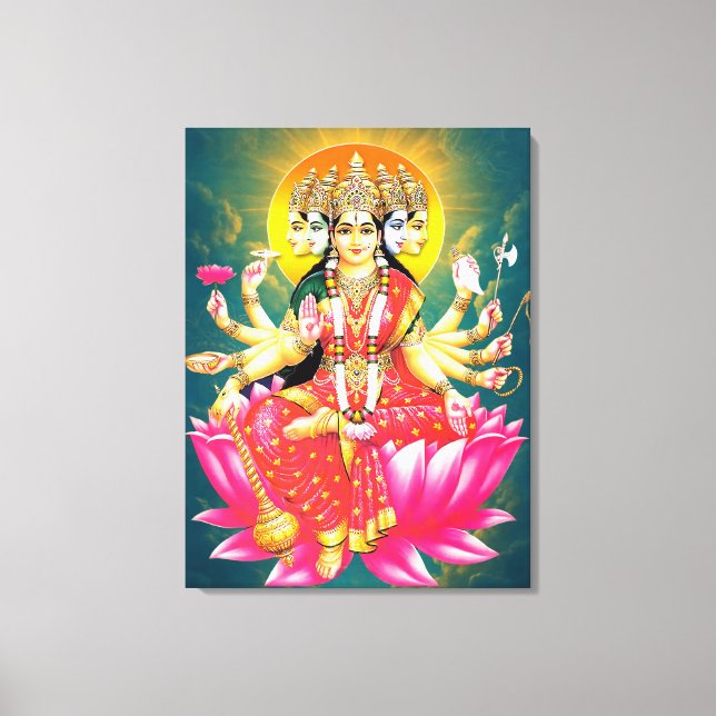 Goddess Gayatri Devi om Lotus Hindu Gudom Canvastryck (Framsida)