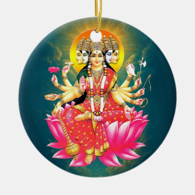 Goddess Gayatri Devi om Lotus Hindu Gudom Julgransprydnad Keramik (Framsidan)