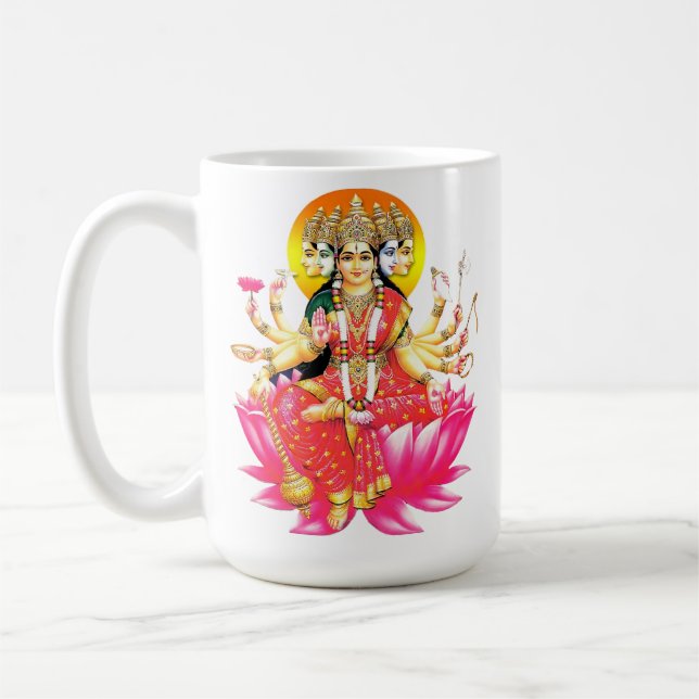 Goddess Gayatri Devi om Lotus Hindu Gudom Kaffemugg (Vänster)