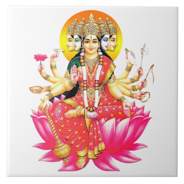 Goddess Gayatri Devi om Lotus Hindu Gudom Kakelplatta (Framsidan)