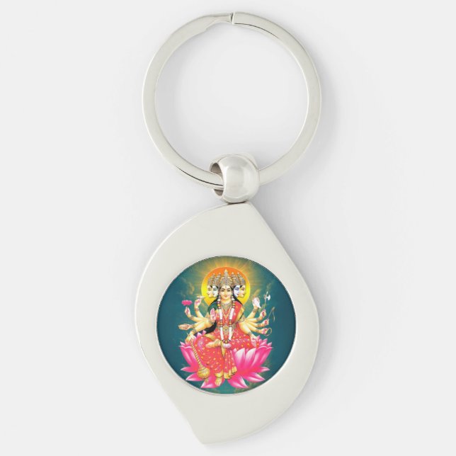 Goddess Gayatri Devi om Lotus Hindu Gudom Swirl Silverfärgad Nyckelring (Framsidan)