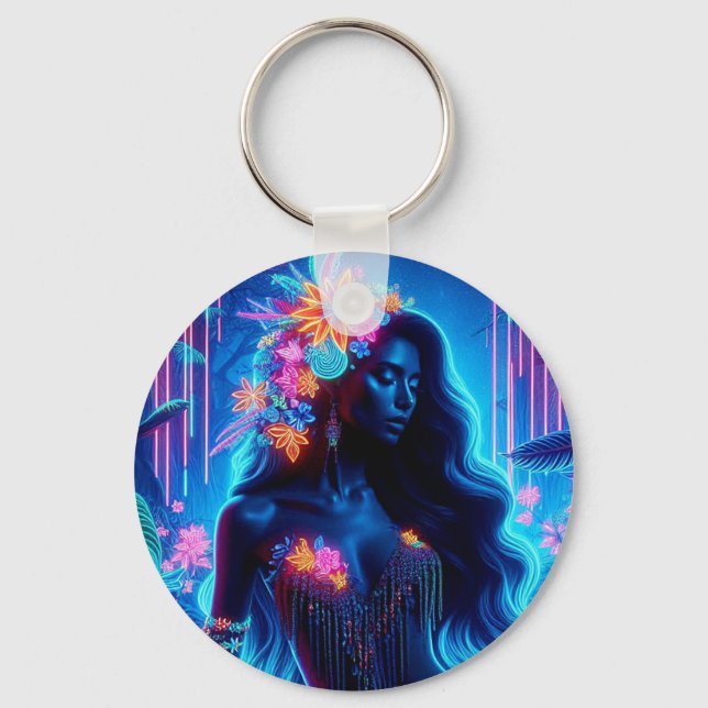 Goddess gudinna Neon Glow Forest fantasy art Nyckelring (Framsida)