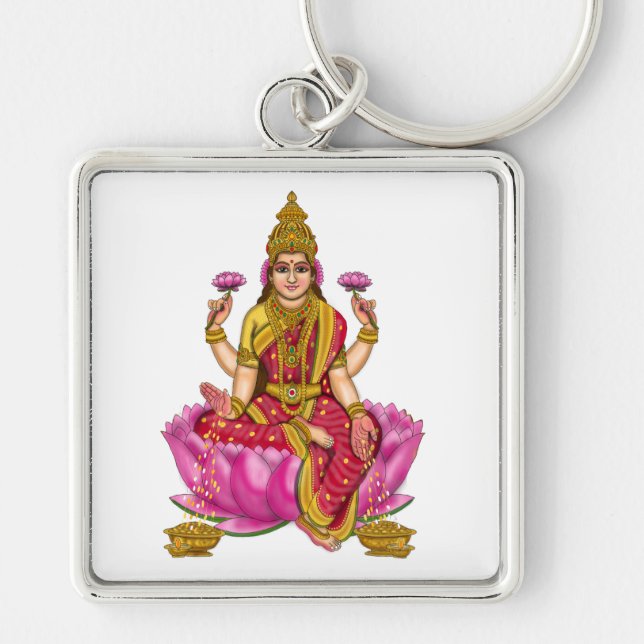 Goddess Lakshmi Keychain Fyrkantig Silverfärgad Nyckelring (Framsidan)