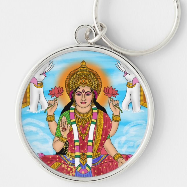 Goddess Lakshmi Keychain Rund Silverfärgad Nyckelring (Framsidan)